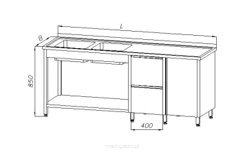 Stół ze zlewem 2-komorowym, blokiem dwóch szuflad, szafką  i półką E2345