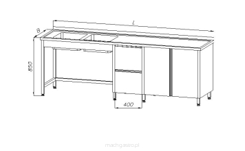 Stół ze zlewem 2-komorowym, blokiem dwóch szuflad i szafką  - drzwi uchylne E2360