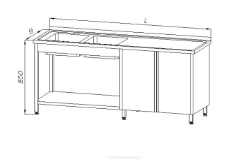 Stół ze zlewem 2-komorowym, szafką – drzwi uchylne i półką  E2295