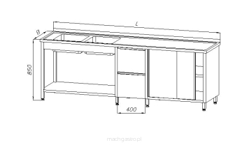 Stół ze zlewem 2-komorowym, blokiem dwóch szuflad, szafką  -  drzwi suwane i półką E2375