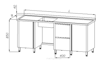 Stół ze zlewem 1-komorowym, blokiem dwóch szuflad i dwoma szafkami E2170