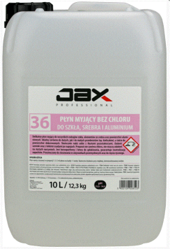 JAX PROFESSIONAL 36 10L - PŁYN BEZ CHLORU DO MYCIA SZKŁA, SREBRA I ALUMINIUM delikatny, niskoalkaliczny środek do mycia wszystkich rodzajów szkła, do mycia srebra oraz powierzchni aluminiowych
