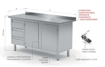 Stół przyścienny szafką z trzema szufladami i drzwiami na zawiasach POL-137-L