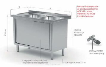Stół z dwoma zlewami, szafka z drzwiami suwanymi POL-227-P