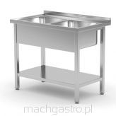 Stół z 2 zlewami i półką – skręcany, Kitchen Line, 1000x700x850 mm