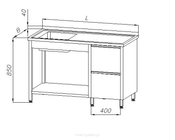 Stół ze zlewem 1-komorowym, blokiem dwóch szuflad i półką E2145