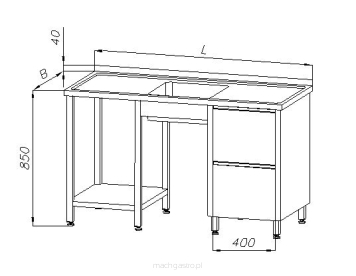 Stół ze zlewem 1-komorowym, blokiem dwóch szuflad i półką E2150
