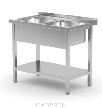 Stół z 2 zlewami i półką – skręcany, Kitchen Line, 1000x600x850 mm