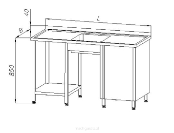 Stół ze zlewem 1-komorowym, szafką i półką - drzwi uchylne E2120
