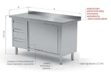 Stół przyścienny szafką z trzema szufladami i drzwiami suwanymi POL-138-P