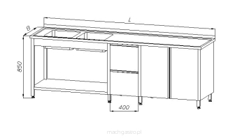 Stół ze zlewem 2-komorowym, blokiem dwóch szuflad, szafką  - drzwi uchylne i półką E2365