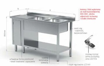 Stół z dwoma zlewami, półką i szafką z drzwiami na zawiasach POL-226-P