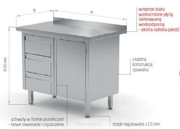 Stół przyścienny szafka z trzema szufladami i drzwiami na zawiasach POL-136-3-L