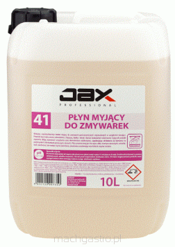 JAX PROFESSIONAL 41 10L - PŁYN MYJĄCY DO ZMYWAREK usuwa zabrudzenia z tłuszczu, białka i skrobi, do mycia szkła, ceramiki, mycia tworzyw sztucznych, stali szlachetnej