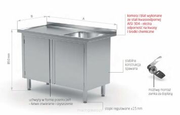 Stół ze zlewem, szafka z drzwiami na zawiasach POL-218-P