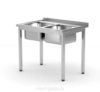 Stół z 2 zlewami, bez półki – skręcany, Kitchen Line, 1000x700x850 mm